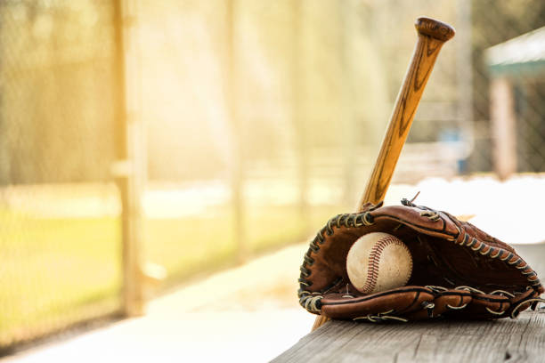 Baseball season is here.  Bat, glove and ball on dugout bench. Spring and summer baseball season is here.  Wooden bat, glove, and weathered ball lying on dugout bench in late afternoon sun.  No people.  Great background image. baseball baseballs spring training professional sport stock pictures, royalty-free photos & images