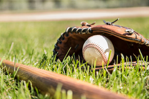 Baseball season is here.  Bat, glove and ball on field. Spring and summer baseball season is here.  Wooden bat, glove, and weathered ball lying on baseball field in late afternoon sun.  No people.  Great background image. youth baseball and softball league photos stock pictures, royalty-free photos & images