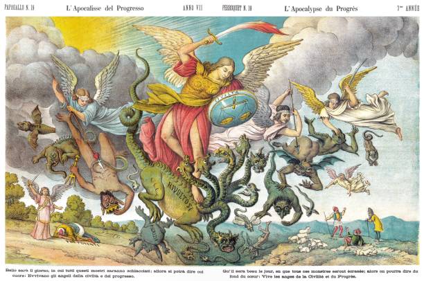 die apokalypse des fortschritts, satirische cartoon wöchentlich von 1879 - justice entertainment group stock-grafiken, -clipart, -cartoons und -symbole