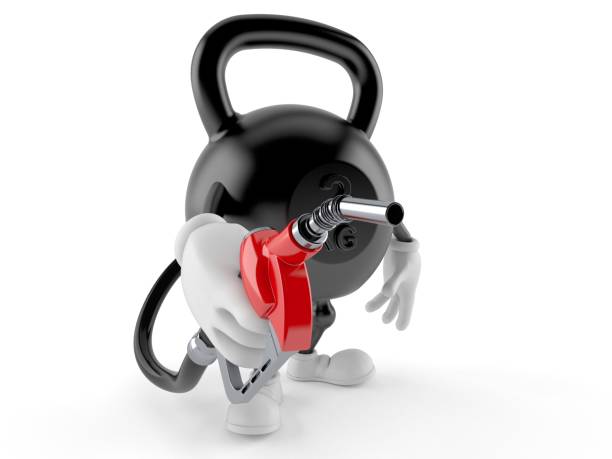 istock Kettlebell character holding gasoline nozzle 1128993030