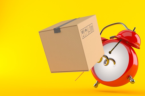 Alarm clock with cardboard box isolated on orange background. 3d illustration