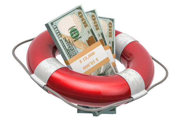 istock Lifebuoy with dollar packs. Financial protect and security concept. 3D rendering isolated on white background 1128994429