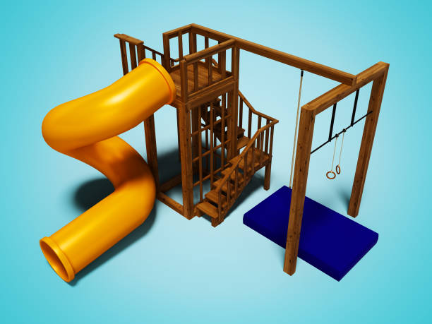 Playground with tree with an orange slide for children 3d render on blue background with shadow