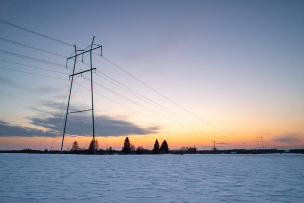 電力線のある冬景色 - fuel and power generation power line electricity pylon built structure ストックフォトと画像