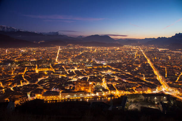 istock Aerial view of Grenoble by night 1129001428