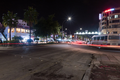 Aqaba, Jordan - February 7, 2019: Night view of K. Hussein street.