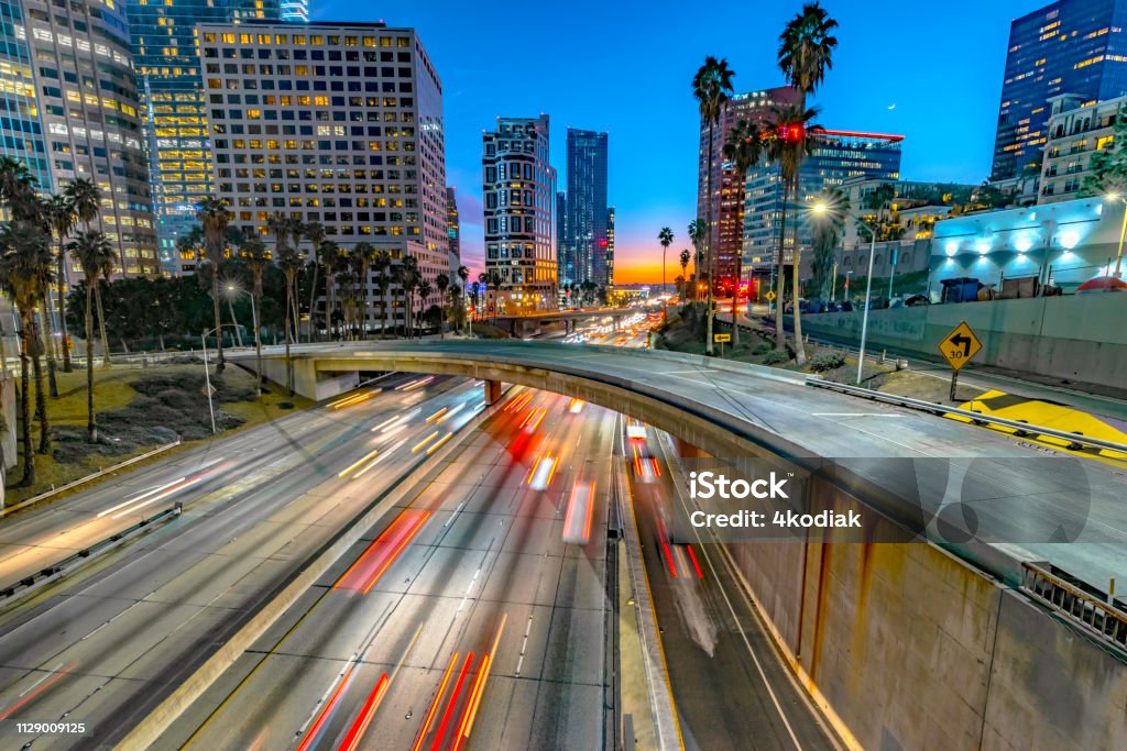 Los Angeles Downtown Evening Traffic Evening traffic in downtown Los Angeles City Of Los Angeles Stock Photo