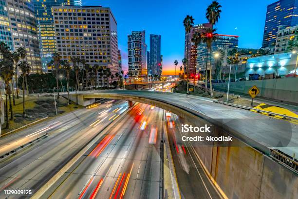 Los Angeles Downtown Evening Traffic Stock Photo - Download Image Now - City Of Los Angeles, Los Angeles County, Famous Place