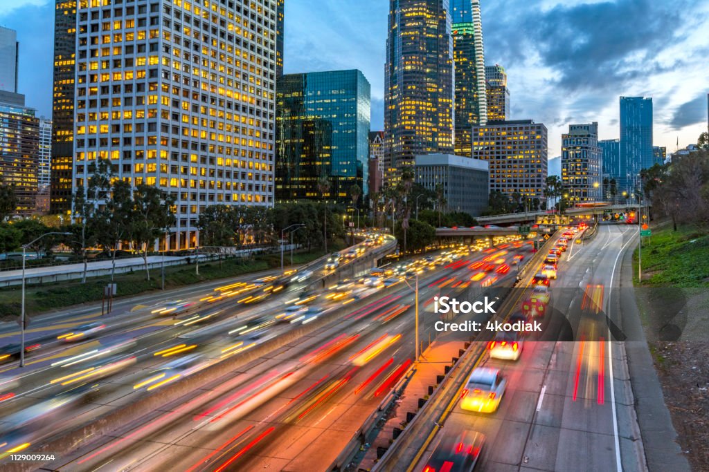 Los Angeles Downtown Evening Traffic Evening traffic in downtown Los Angeles Traffic Stock Photo
