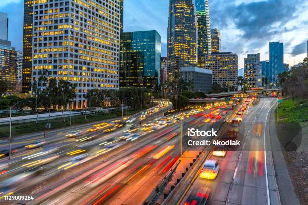 Los Angeles Downtown Evening Traffic Stock Photo - Download Image Now - Traffic, City Of Los Angeles, Los Angeles County