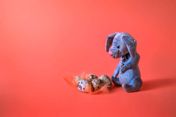 istock toy easter bunny on a horizontal coral background 1129009290