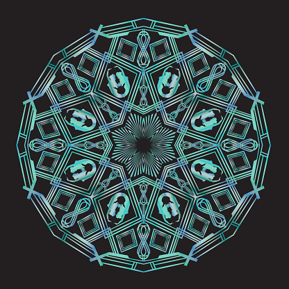 Intricate art deco style mandala with bowsprit style mermaid features.