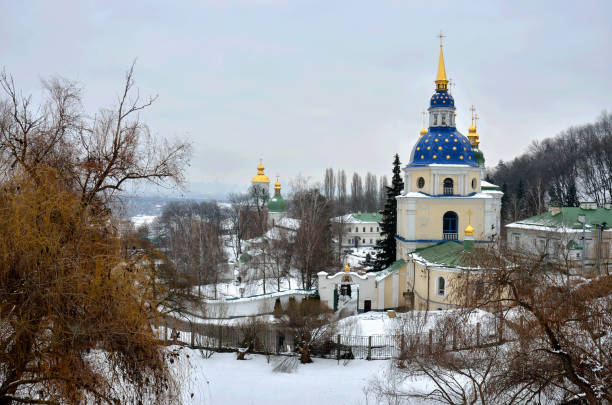 istock Vydubychi Monastery complex  in wintertime, Kyiv, Ukraine,.It was established between 1070 and 1077 by Vsevolod, son of Yaroslav the Wise and became a family cloister of Vsevolod's son Vladimir Monomakh 1129013039