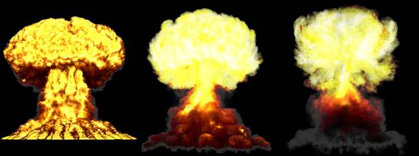 istock 3D illustration of explosion - 3 huge highly detailed different phases mushroom cloud explosion of atom bomb with smoke and fire isolated on black 1129016331