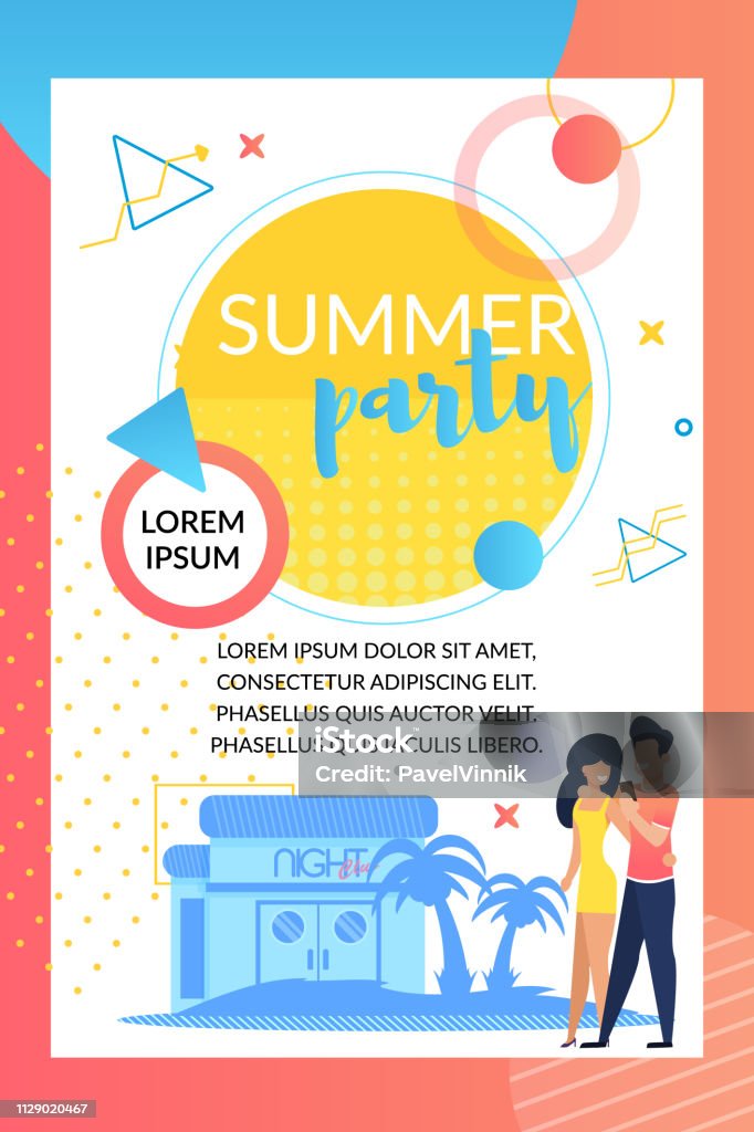 Summer Party. Night Club. Dance City Beach Bar. Summer Party. Night Club. Dance City Beach Bar. Drinks station. Bar with Cups straws and Lots Ice. Creative Mix Electronic Music Styles great Mood and Beautiful People. Holiday Atmosphere. Flyer - Leaflet stock vector