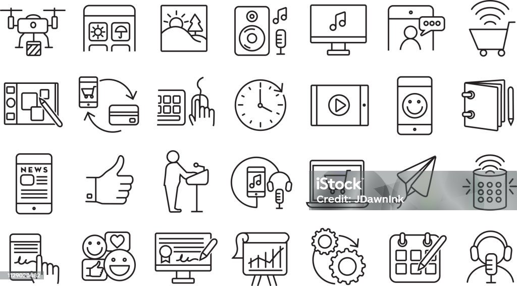 Set of digital icons  Flat Simple outline line art design Icon large set Vector illustration of a Set of digital icons  Flat Simple outline line art design Icon large set Icon Symbol stock vector