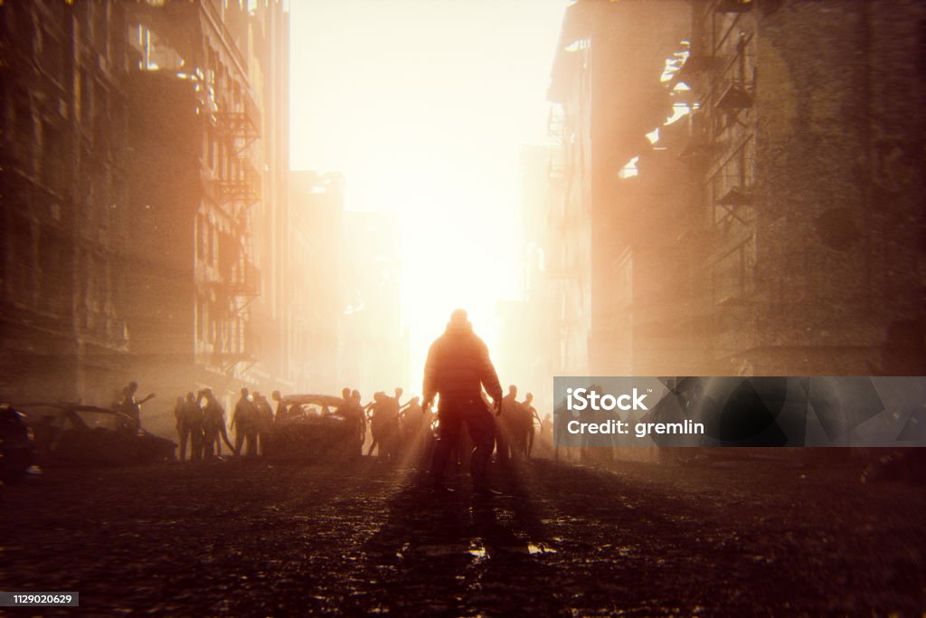 Zombie apocalypse survivor against hordes of undead Zombie apocalypse survivor against hordes of undead. This is entirely 3D generated image. Apocalypse Stock Photo