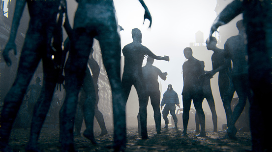 Zombie apocalypse survivor against hordes of undead. This is entirely 3D generated image.