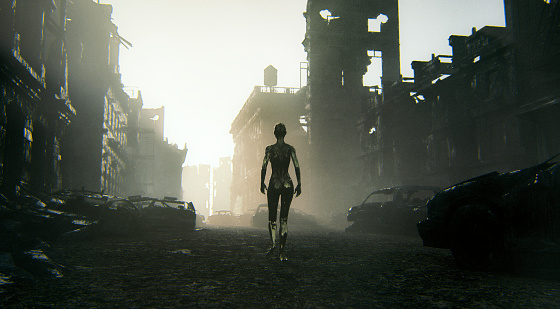 Futuristic cyborg walking in destroyed city.