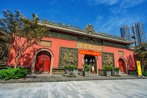 This is Daci Temple, a famous buddhist temple located in the Jinjiang downtown district on September 28, 2018 in Chengdu