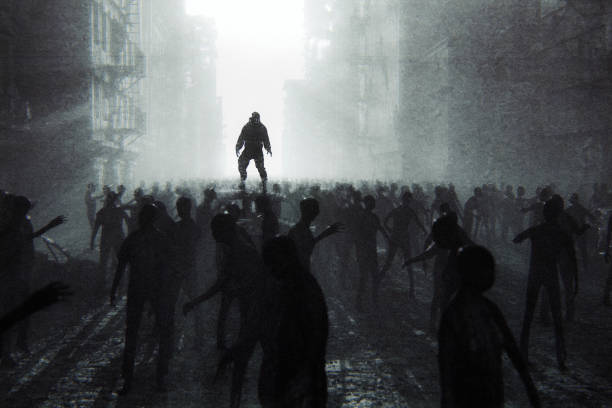 죽은 자들의 떼 거리에 대 한 좀비 종말 생존자 - dense fog 뉴스 사진 이미지