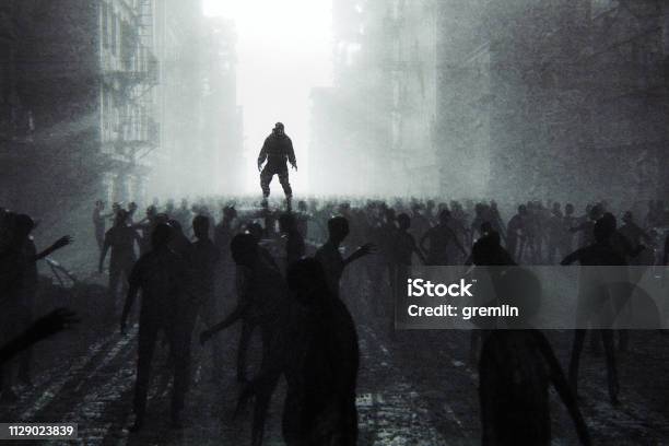 Zombie Apocalypse Survivor Against Hordes Of Undead Stock Photo - Download Image Now