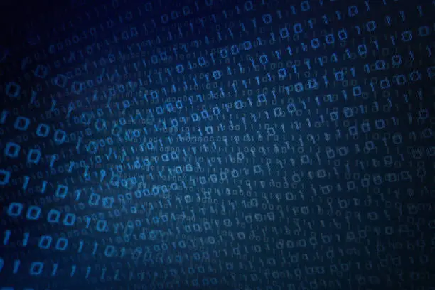 Photo of double exposure image of blue binary code data moving all direction downward from top left to right of frame. data overload technology and internet global connection concepts.