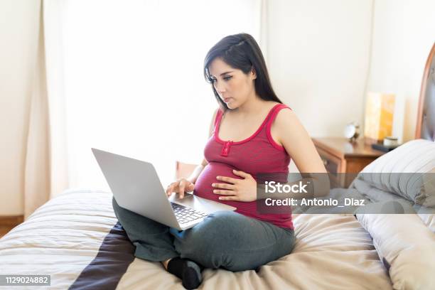 Checking For Baby Products Online Stock Photo - Download Image Now - Computer, One Woman Only, Pregnant