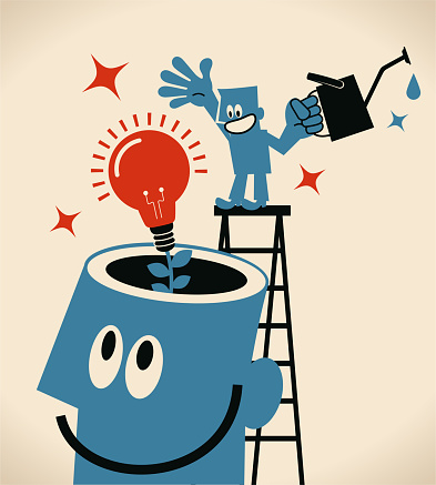 Blue Little Guy Characters Full Length Vector art illustration.Copy Space.
Smiling man on top of ladder watering an idea light bulb growing from giant man open head.
