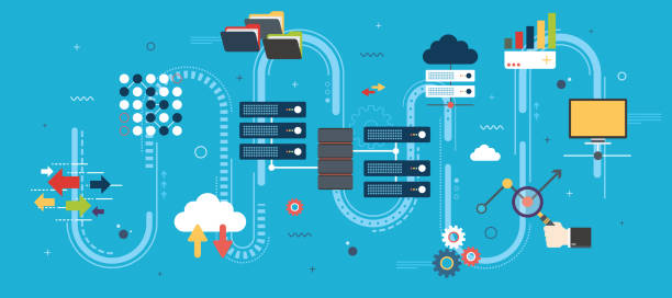 Big Data and cloud computing banner with icons. Network server of computers and business intelligence.Database security system. Backup data traffic analysis. Big Data and cloud computing banner concept with icons in flat design vector illustration. database stock illustrations