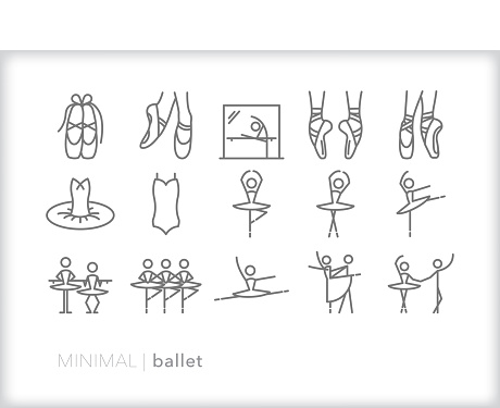 Set of 15 minimal gray ballet icons for ballerinas and dancers including point shoes, mirror and barre, positions, tutu, bodice, poses and jumps for rehearsal and performance
