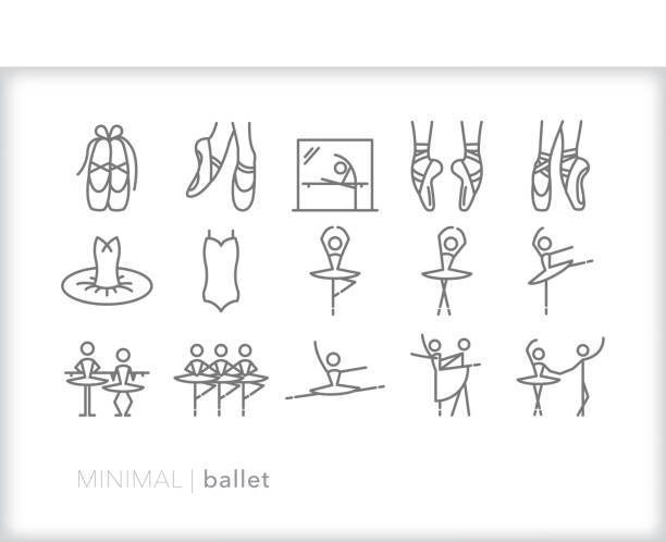 Set of gray minimal ballet, ballerina and dancer icons Set of 15 minimal gray ballet icons for ballerinas and dancers including point shoes, mirror and barre, positions, tutu, bodice, poses and jumps for rehearsal and performance leotard stock illustrations