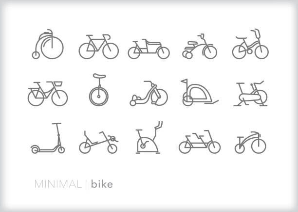 satz von 15 fahrrad und bike linie kunst symbole - liegefahrrad stock-grafiken, -clipart, -cartoons und -symbole
