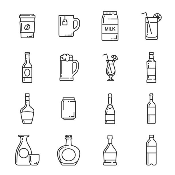 ilustraciones, imágenes clip art, dibujos animados e iconos de stock de bebidas botella, taza y taza de iconos de vector - gin decanter whisky bottle