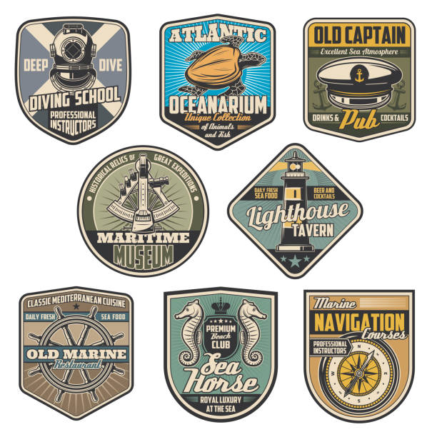 Diver club, marine and nautical vector icons Marine and nautical vintage badges. Vector diving elment, lighthouse and captain, sailor cap and sextant, sea turtle and compass, helm and seahorse frigate restaurant stock illustrations