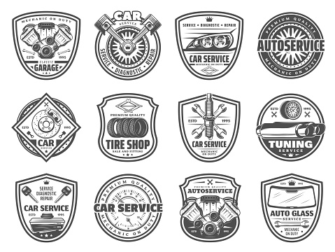 Auto service, spare parts and car garage station vector icons. Mechanic diagnostics and car tuning vector symbols, engine restoration, oil change, tire fitting and pumping, brakes replacement