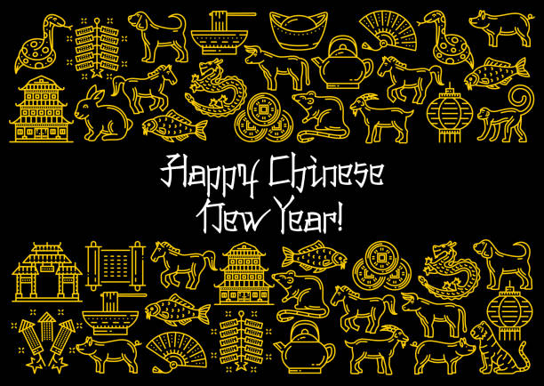chinese lunar new year poster, vektor - chinese temple dog stock-grafiken, -clipart, -cartoons und -symbole