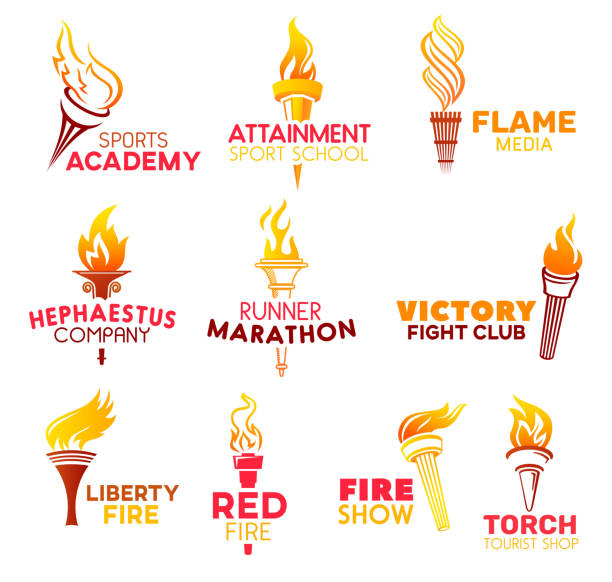 ilustraciones, imágenes clip art, dibujos animados e iconos de stock de rojo antorcha llameante de fuego vector iconos - flaming torch flame fire symbol