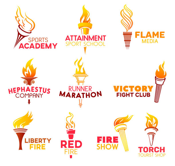 ilustrações de stock, clip art, desenhos animados e ícones de red flaming fire torch, vector icons - flaming torch flame fire symbol