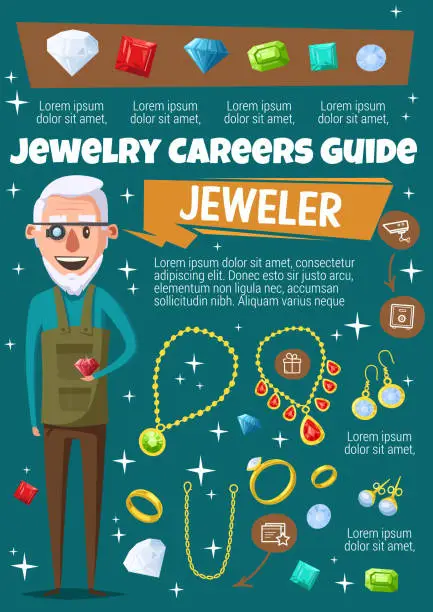 Vector illustration of Jeweler profession, jewelry and gemstones