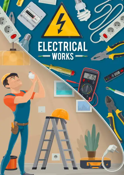 Vector illustration of Electrical works, electrician and tools