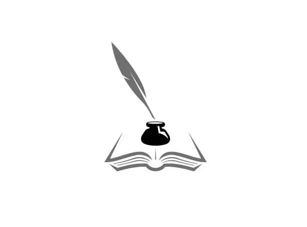 Vector illustration of Quill inside an inkwell in the papers on an open book, Feder und Buch mit Tintenfass for logo