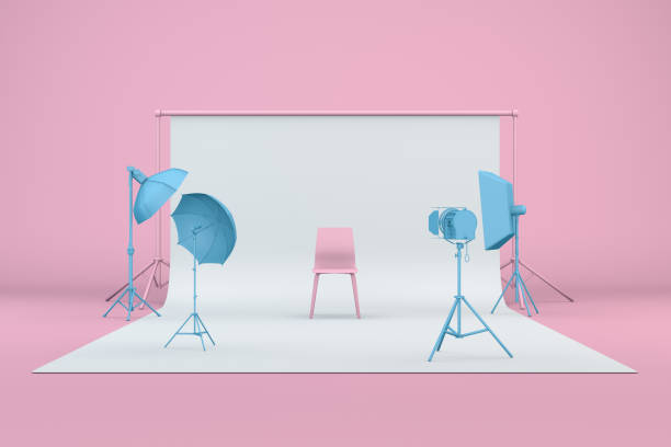 Empty Photo studio with lightning equipment 3d render of empty photo studio with lightning equipment, pastel colors, blue and pink. inside of flash stock pictures, royalty-free photos & images