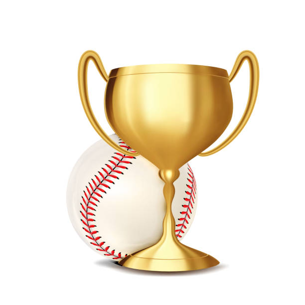 illustrazioni stock, clip art, cartoni animati e icone di tendenza di baseball award vector. palla da baseball, coppa d'oro. annuncio evento gioco sportivo. pubblicità banner baseball. lega professionistica. invito sportivo. stadio. illustrazione evento - baseballs baseball stadium athlete