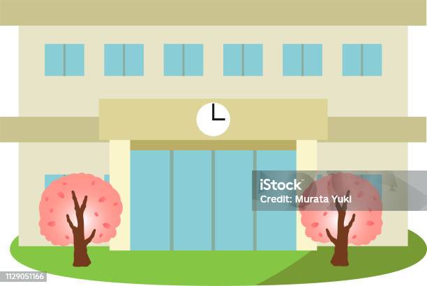 Modern Japán Állami Iskolaépület Tavaszi Cseresznyefával témájú stock illusztráció – Kép letöltése most