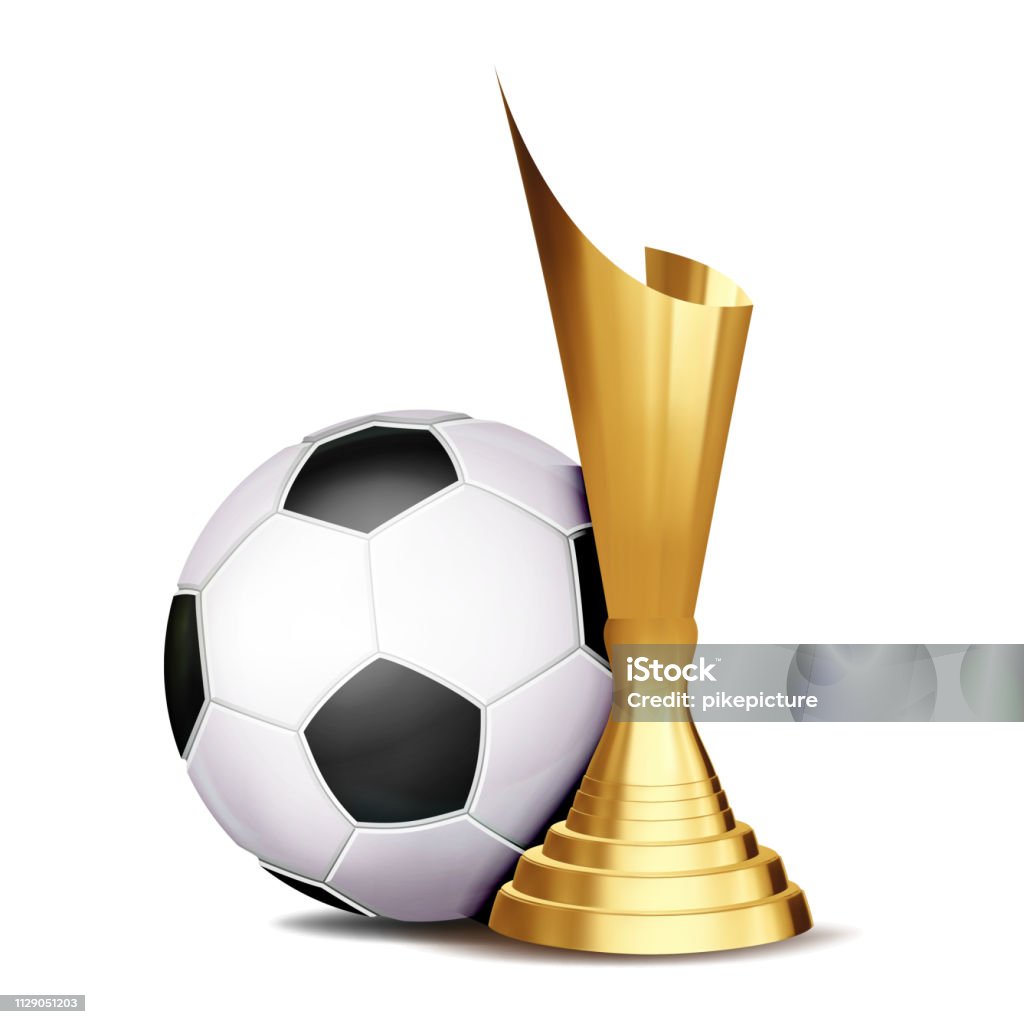 Soccer Game Award Vector. Football Ball, Golden Cup. Modern Tournament. Design Element For Sport Promotion. Football Ball. Soccer Competition League Flyer. Layout Business Advertising Illustration Soccer Award Vector. Football Ball, Golden Cup. Sports Game Event Announcement. Football Banner Advertising. Professional League. Sport Invitation. Stadium. Event Illustration Marketing stock vector