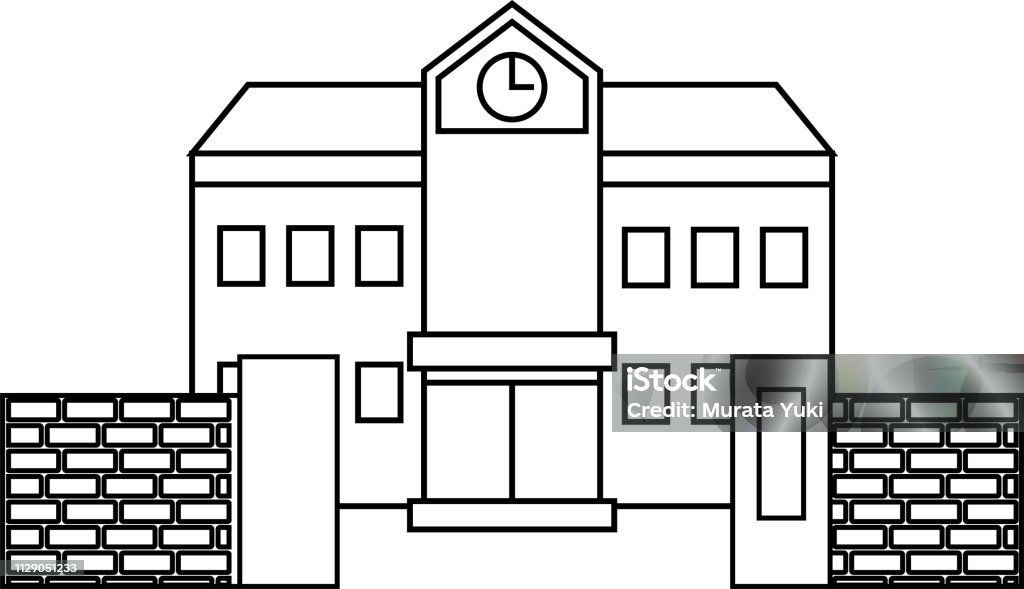 Modern Japanese public school building with gate outline This is an illustration of a Japanese school. Backgrounds stock vector