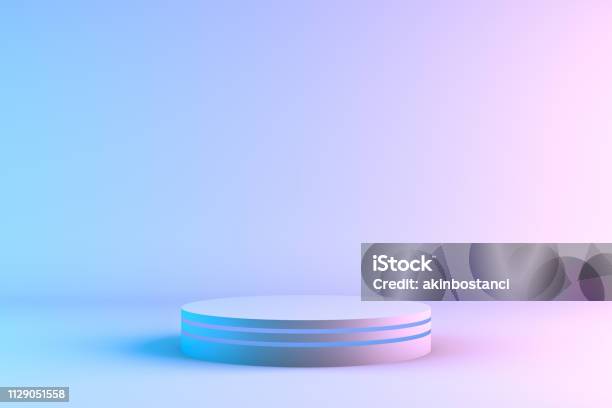 Blank Product Stand With Neon Lights Stock Photo - Download Image Now - Backgrounds, Three Dimensional, Neon Lighting