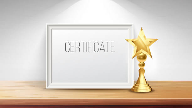 istock Certificate Diploma With Golden Cup Vector. Print Blank. Business Graduation. A4 Frame. Display Stand. 3D Realistic Illustration 1129052107