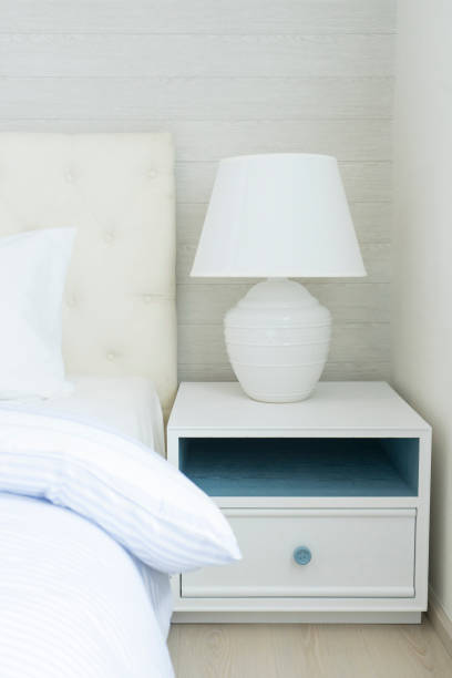 istock Contemporary white bedroom setting including bedside lamp. 1129052335